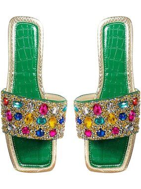 🆕Women's Green Rhinestone Rainbow Flat Sandals Sparkly Bling Slides Glitter